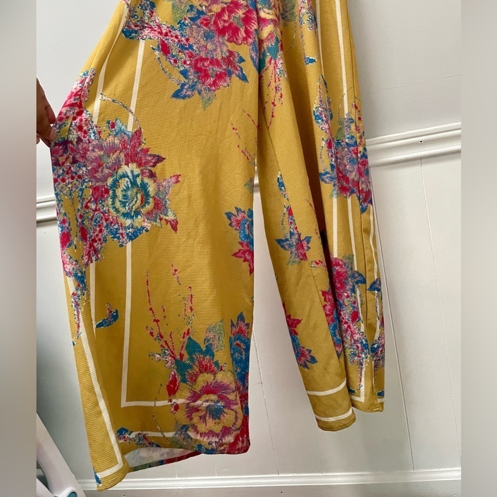 Flying Tomato Mustard Yellow Floral Maxi Romper Jumpsuit Wide Leg Kimono Sleeves - Picture 3 of 8